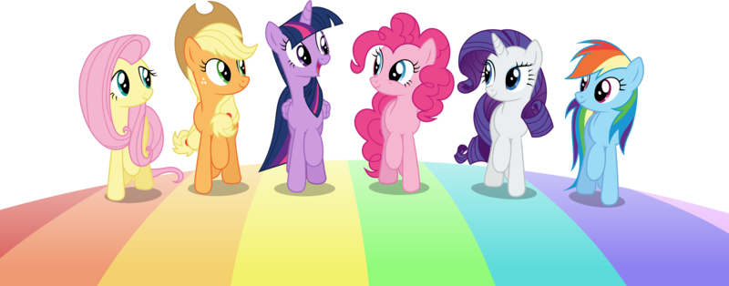 Size: 6001x2355 | Tagged: safe, artist:deratrox, derpibooru import, applejack, fluttershy, pinkie pie, rainbow dash, rarity, twilight sparkle, twilight sparkle (alicorn), alicorn, earth pony, pegasus, pony, unicorn, all bottled up, .ai available, .svg available, absurd resolution, best friends until the end of time, cute, eye contact, female, happy, looking at each other, mane six, mare, open mouth, rainbow, rainbow road, raised hoof, simple background, smiling, transparent background, trotting, vector