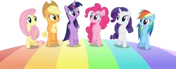 Size: 6001x2355 | Tagged: safe, artist:deratrox, derpibooru import, applejack, fluttershy, pinkie pie, rainbow dash, rarity, twilight sparkle, twilight sparkle (alicorn), alicorn, earth pony, pegasus, pony, unicorn, all bottled up, .ai available, .svg available, absurd resolution, best friends until the end of time, cute, eye contact, female, happy, looking at each other, mane six, mare, open mouth, rainbow, rainbow road, raised hoof, simple background, smiling, transparent background, trotting, vector