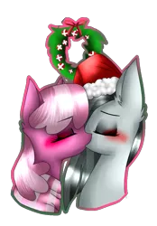 Size: 715x1030 | Tagged: safe, artist:alithecat1989, derpibooru import, cheerilee, marble pie, earth pony, pony, blushing, bust, christmas wreath, clothes, crack shipping, eyes closed, female, hat, holly, kissing, lesbian, marbilee, mistletoe, santa hat, scarf, shipping, simple background, transparent background, wreath