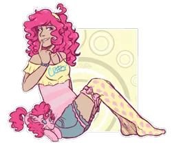 Size: 1109x935 | Tagged: artist:kikirdcz, bracelet, clothes, derpibooru import, grin, human, humanized, jewelry, lidded eyes, missing shoes, moderate dark skin, pinkie pie, plushie, safe, shirt, shorts, simple background, sitting, smiling, socks, solo, transparent background