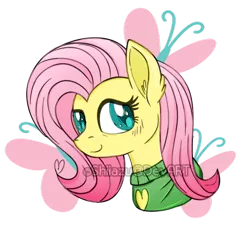 Size: 600x557 | Tagged: safe, artist:shiiazu, derpibooru import, fluttershy, pony, blushing, bust, clothes, cutie mark background, looking at you, looking sideways, portrait, simple background, smiling, solo, song in the description, sweater, sweatershy, transparent background