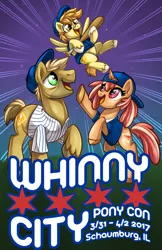 Size: 1024x1583 | Tagged: safe, artist:sciggles, derpibooru import, oc, unofficial characters only, earth pony, pegasus, pony, unicorn, baseball, baseball bat, clothes, colt, cute, female, happy, hat, looking up, male, mare, ocbetes, open mouth, raised hoof, rearing, shirt, smiling, stallion, trio, whinnycitycon