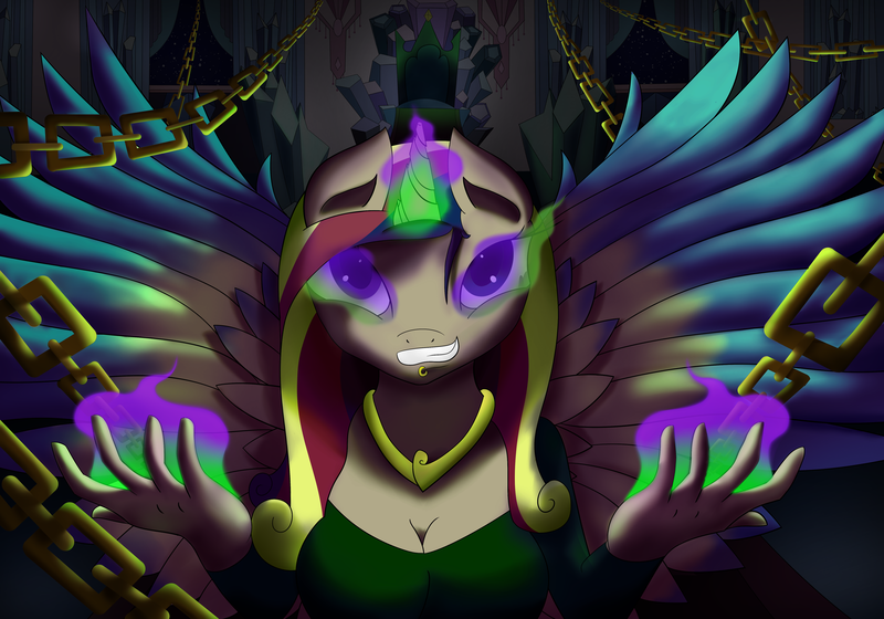 Size: 5000x3500 | Tagged: absurd resolution, anthro, artist:kickassking, chains, crystal empire, derpibooru import, evil, evil grin, grin, princess cadance, safe, smiling, solo