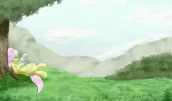 Size: 3750x2223 | Tagged: safe, artist:fauzart, derpibooru import, angel bunny, fluttershy, pegasus, pony, duo, holding, hoof hands, looking at something, lying down, on back, scenery, tree, under the tree