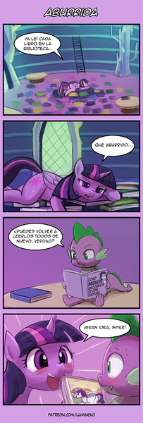Size: 500x1475 | Tagged: suggestive, artist:lumineko, derpibooru import, edit, rarity, spike, twilight sparkle, twilight sparkle (alicorn), alicorn, dragon, pony, 4koma, blushing, book, bored, comic, cute, dialogue, female, library, looking at each other, magazine, male, plot, shipping, silly, silly pony, spanish, sparity, speech bubble, straight, sweat, text, that pony sure does love books, translator:the-luna-fan, twiabetes