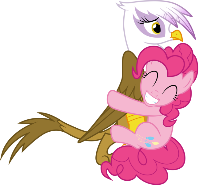 Size: 3234x3001 | Tagged: safe, artist:cloudyglow, derpibooru import, gilda, pinkie pie, earth pony, gryphon, pony, the lost treasure of griffonstone, .ai available, eyes closed, female, grin, hug, mare, simple background, smiling, transparent background, vector