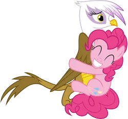 Size: 3234x3001 | Tagged: safe, artist:cloudyglow, derpibooru import, gilda, pinkie pie, earth pony, gryphon, pony, the lost treasure of griffonstone, .ai available, eyes closed, female, grin, hug, mare, simple background, smiling, transparent background, vector