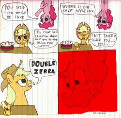 Size: 4465x4344 | Tagged: safe, artist:schluberlubs, derpibooru import, applejack, pinkie pie, earth pony, pony, absurd resolution, cake, comic, cowboy hat, dialogue, double zebra, duo, female, food, hat, lined paper, mare, meme, open mouth, out of character, parody, racism, shocked, sonic the hedgehog (series), traditional art, upside down, vulgar