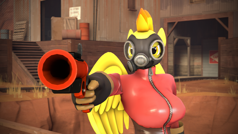 Size: 3840x2160 | Tagged: 3d, anthro, artist:vanchees, bodysuit, breasts, catsuit, derpibooru import, female, gas mask, latex, latex suit, mask, pyro, safe, source filmmaker, spitfire, spitfire pyro, team fortress 2