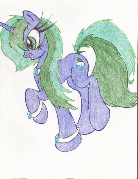 Size: 1700x2200 | Tagged: safe, artist:wyren367, derpibooru import, oc, oc:marina, unofficial characters only, pony, unicorn, colored pencil drawing, female, happy, jewelry, simple background, solo, traditional art, white background