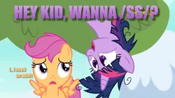 Size: 1280x720 | Tagged: suggestive, derpibooru import, edit, edited screencap, screencap, scootaloo, twilight sparkle, pegasus, pony, /ss/, caption, female, filly, hey kid you wanna ss?, i need an adult, image, insanity, mare, png, stranger danger, twilight is a foal fiddler, twilight snapple