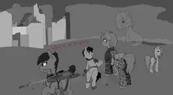 Size: 5800x3200 | Tagged: safe, artist:syntiset, derpibooru import, edit, oc, oc:colunder, unofficial characters only, earth pony, ghost, pegasus, pony, unicorn, fallout equestria, absurd resolution, city, clothes, fallout, female, looking at something, male, mare, monochrome, raider, raiders, spikes, stallion, weapon, wip