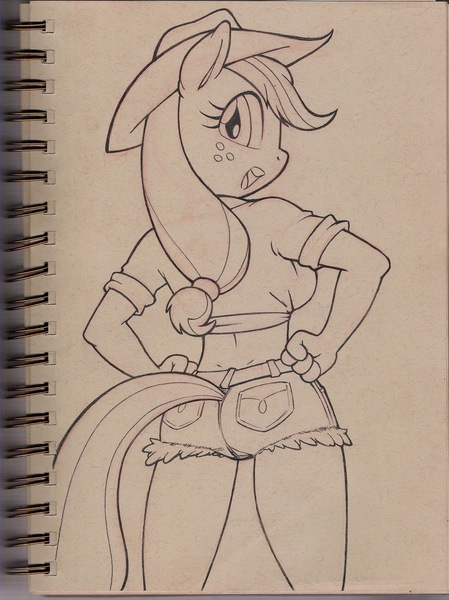 Size: 1196x1600 | Tagged: anthro, applebutt, applejack, artist:bhawk, ass, clothes, cowboy hat, daisy dukes, derpibooru import, front knot midriff, hand on hip, hat, looking at you, looking back, looking back at you, midriff, rear view, safe, shorts, sketch, solo, stetson, traditional art