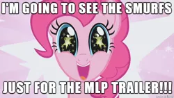Size: 610x343 | Tagged: cute, derpibooru import, diapinkes, edit, edited screencap, excited, happy, hype, image macro, meme, my little pony: the movie, pinkie pie, safe, screencap, smurfs, smurfs: the lost village, smurfs: the lost village (movie), solo, the smurfs