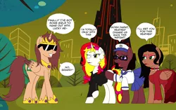 Size: 2804x1760 | Tagged: safe, artist:fluttershysone, derpibooru import, oc, oc:brawny buck, oc:burning donut, oc:princess heather blossom, oc:totally lui, unofficial characters only, alicorn, pony, choker, clothes, dialogue, dress, eyeshadow, glasses, grin, hat, jewelry, lipstick, makeup, mare, regalia, ribbon, sailor uniform, simple background, smiling, speech bubble, sunglasses, the powerpuff girls, transformation, transgender transformation