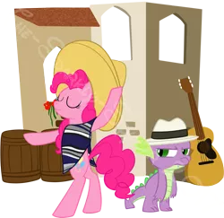 Size: 957x932 | Tagged: safe, artist:the-sparkly-spycar, derpibooru import, pinkie pie, spike, dragon, pony, bipedal, clothes, dancing, eyes closed, guitar, hat, poncho, silly songs, sombrero, veggietales