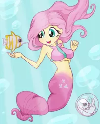 Size: 910x1121 | Tagged: safe, artist:noupu, derpibooru import, angel bunny, fluttershy, fish, mermaid, equestria girls, belly button, breasts, cleavage, cute, mermaidized, midriff, shyabetes, underboob, underwater, watershy