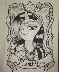 Size: 1024x1263 | Tagged: safe, artist:gensokishidan, derpibooru import, part of a set, rarity, pony, unicorn, bust, clothes, ink drawing, jewelry, looking at you, monochrome, name, old banner, one eye closed, portrait, solo, traditional art, wink