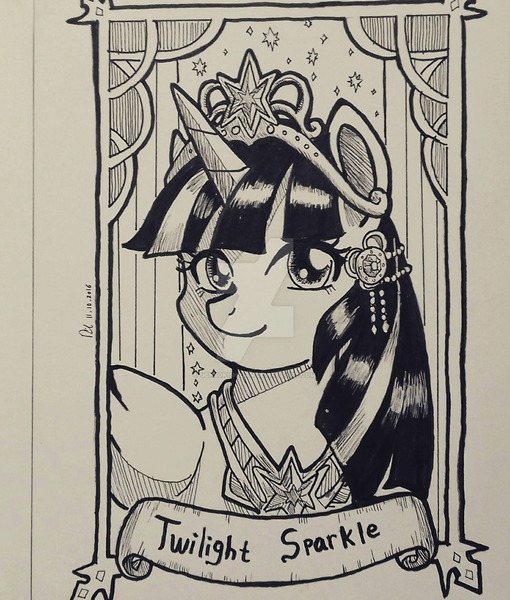 Size: 1024x1204 | Tagged: safe, artist:gensokishidan, derpibooru import, part of a set, twilight sparkle, twilight sparkle (alicorn), alicorn, pony, bust, clothes, ink drawing, jewelry, looking at you, monochrome, name, old banner, portrait, regalia, solo, traditional art