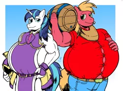 Size: 2049x1516 | Tagged: anthro, armor, artist:duragan, barrel, bbbff, belly, bhm, big belly, bigger macintosh, big macintosh, bipedal, cider, derpibooru import, fat, male, moobs, musclegut, muscles, plump, safe, shining armor, shining blubber, tight clothing, weight gain