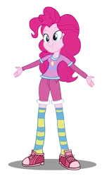 Size: 1204x1938 | Tagged: safe, artist:trungtranhaitrung, derpibooru import, pinkie pie, equestria girls, clothes, open arms, pink, shirt, shoes, shorts, simple background, smiling, sneakers, socks, solo, striped socks, transparent background, vector