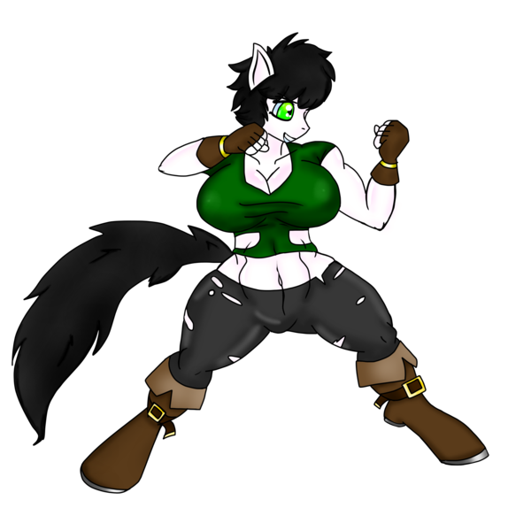 Size: 2000x2000 | Tagged: suggestive, artist:classyartblog, derpibooru import, oc, oc:classy vintage, unofficial characters only, anthro, earth pony, unguligrade anthro, ass, black mane, boots, breasts, clothes, female, fighter, green eyes, midriff, pose, simple background, solo, solo female, torn clothes, transparent background, white coat
