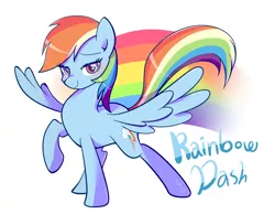 Size: 900x700 | Tagged: safe, artist:haden-2375, derpibooru import, rainbow dash, pegasus, pony, backwards cutie mark, female, lidded eyes, looking at you, mare, raised hoof, simple background, smiling, solo, spread wings, white background, wings