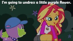 Size: 512x290 | Tagged: suggestive, derpibooru import, edit, edited screencap, screencap, spike, spike the regular dog, sunset shimmer, dog, equestria girls, legend of everfree, animated, camp everfree outfits, cap, caption, clothes, female, flower, gem dust, gif, hat, implied sex, male, parody, shipping, shorts, straight, sunsetspike