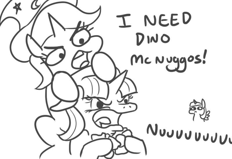Size: 833x574 | Tagged: safe, artist:jargon scott, derpibooru import, starlight glimmer, trixie, twilight sparkle, twilight sparkle (alicorn), alicorn, pony, unicorn, angry, black and white, chicken nugget, clothes, dialogue, dino nuggies, faic, food, grayscale, hat, monochrome, nu, open mouth, simple background, spread wings, trixie's hat, white background, wings