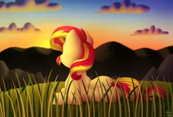 Size: 3700x2500 | Tagged: safe, artist:spirit-dude, derpibooru import, sunset shimmer, pony, unicorn, away from viewer, cloud, female, grass, mare, mountain, prone, rear view, scenery, sky, solo, sunset