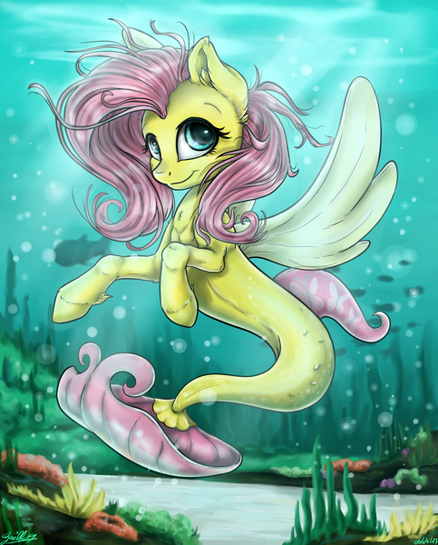 Size: 3767x4683 | Tagged: safe, artist:gaelledragons, derpibooru import, fluttershy, pony, seapony (g4), my little pony: the movie, absurd resolution, female, mare, ocean, seaponified, seapony fluttershy, solo, species swap, underwater, watershy