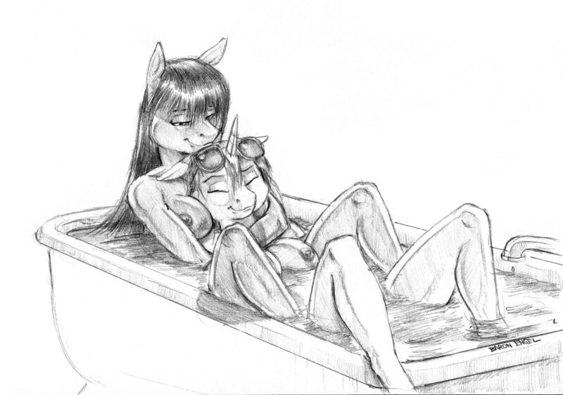 Size: 1500x1053 | Tagged: questionable, artist:baron engel, derpibooru import, octavia melody, vinyl scratch, anthro, earth pony, adorasexy, bath, bathtub, breasts, claw foot bathtub, cute, female, grayscale, lesbian, mare, monochrome, nipples, nudity, pencil drawing, scratchtavia, sexy, shipping, simple background, sketch, traditional art, water, white background