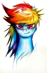 Size: 988x1536 | Tagged: artist:thatonegib, bust, colored pencil drawing, confident, derpibooru import, looking at you, portrait, rainbow dash, safe, simple background, smiling, solo, traditional art, white background