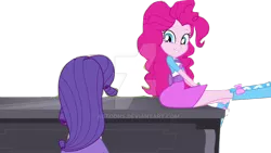 Size: 1024x576 | Tagged: safe, artist:abtoons, derpibooru import, edit, edited screencap, screencap, pinkie pie, rarity, equestria girls, player piano, rainbow rocks, background removed, boots, clothes, cropped, cute, high heel boots, piano, pinkie on a piano, raised leg, rear view, simple background, skirt, transparent background, watermark