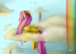 Size: 1024x724 | Tagged: safe, artist:julunis14, derpibooru import, fluttershy, pony, cloud, prone, rainbow waterfall, solo