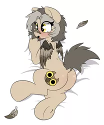 Size: 2000x2400 | Tagged: safe, artist:rileyisherehide, derpibooru import, oc, oc:owl eyes, unofficial characters only, pegasus, pony, bed, blushing, body pillow, body pillow design, butt, feather, molting, plot