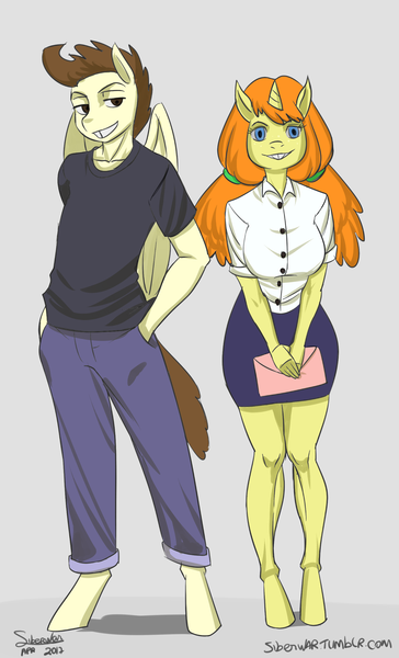 Size: 2000x3300 | Tagged: safe, artist:siberwar, derpibooru import, pound cake, pumpkin cake, anthro, pegasus, unguligrade anthro, unicorn, 30 minute art challenge, breasts, brother and sister, cake twins, clothes, cute, duo, female, grin, hands in pockets, legs, looking at you, male, mare, older, pants, pigtails, shirt, siblings, skirt, smiling, stallion, twins, twintails