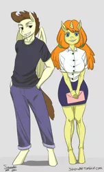 Size: 2000x3300 | Tagged: safe, artist:siberwar, derpibooru import, pound cake, pumpkin cake, anthro, pegasus, unguligrade anthro, unicorn, 30 minute art challenge, breasts, brother and sister, cake twins, clothes, cute, duo, female, grin, hands in pockets, legs, looking at you, male, mare, older, pants, pigtails, shirt, siblings, skirt, smiling, stallion, twins, twintails