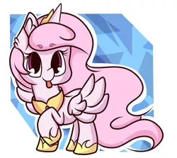 Size: 2551x2271 | Tagged: safe, artist:hedgehog-plant, derpibooru import, princess celestia, alicorn, pony, abstract background, cewestia, crown, cute, cutelestia, female, filly, jewelry, looking at you, peytral, pink-mane celestia, raised hoof, regalia, sillestia, silly, solo, spread wings, tongue out, wings, younger