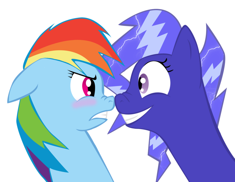 Size: 1000x775 | Tagged: artist:rainbrodash, confrontation, derpibooru import, looking at each other, oc, oc:blueball blitz, rainbow dash, rivalry, safe