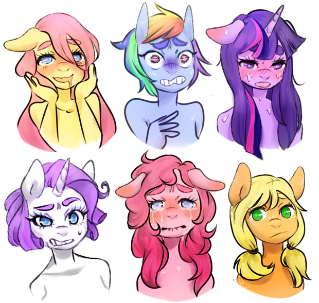 Size: 620x589 | Tagged: alternate hairstyle, anthro, applejack, artist:pettankochanv, blushing, crying, derpibooru import, fluttershy, head, looking at you, mane six, pigtails, pinkie pie, rainbow dash, rarity, safe, simple background, sweat, twilight sparkle, varying degrees of want, white background