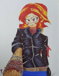 Size: 1280x1641 | Tagged: grimdark, artist:missmayaleanne, derpibooru import, sunset shimmer, equestria girls, barbed wire, baseball bat, blood, clothes, colored pupils, crossover, evil grin, gloves, grin, jacket, lucille, negan, negan shimmer, simple background, smiling, solo, the walking dead, traditional art