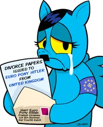 Size: 734x900 | Tagged: safe, artist:curtsibling, derpibooru import, ponified, pegasus, pony, adolf hitler, brexit, crying, curtsibling strikes again, divorce, european union, european union drama, frown, german, good grief, letter, nazi, politics, sad, simple background, swastika, transparent background