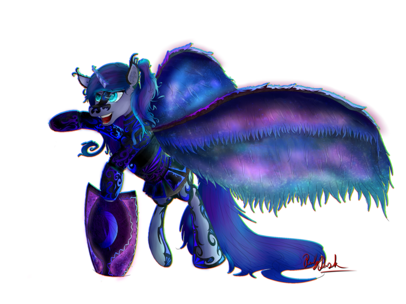 Size: 2160x1614 | Tagged: safe, artist:ruby dusk, derpibooru import, princess luna, alicorn, pony, chromatic aberration, fantasy class, knight, practice, simple background, solo, transparent background, warrior