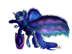 Size: 2160x1614 | Tagged: safe, artist:ruby dusk, derpibooru import, princess luna, alicorn, pony, chromatic aberration, fantasy class, knight, practice, simple background, solo, transparent background, warrior