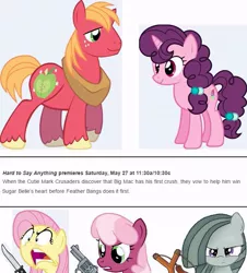 Size: 663x734 | Tagged: safe, derpibooru import, big macintosh, cheerilee, feather bangs, fluttershy, marble pie, sugar belle, earth pony, pony, hard to say anything, angry, big macintosh gets all the mares, cheerimac, female, fluttermac, gun, jealous, knife, male, marblemac, meme, shipping, shipping war, slingshot, stallion, straight, sugarmac, weapon, well shit