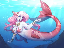 Size: 4000x3000 | Tagged: anthro, anthro oc, artist:askbubblelee, bracelet, breasts, bubble, commission, derpibooru import, female, jewelry, lidded eyes, looking at you, mare, mermaid, merpony, oc, oc:cordelia, open mouth, smiling, solo, starfish, starfish bra, suggestive, swimming, underwater, unofficial characters only, water