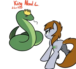 Size: 1085x987 | Tagged: safe, artist:neuro, derpibooru import, oc, oc:king nood.l., oc:littlepip, unofficial characters only, pony, snake, unicorn, fallout equestria, boss battle, butt, crown, danger noodle, duel, eye contact, female, jewelry, king, looking at each other, mare, nose wrinkle, plot, regalia, simple background, snek, tongue out, transparent background