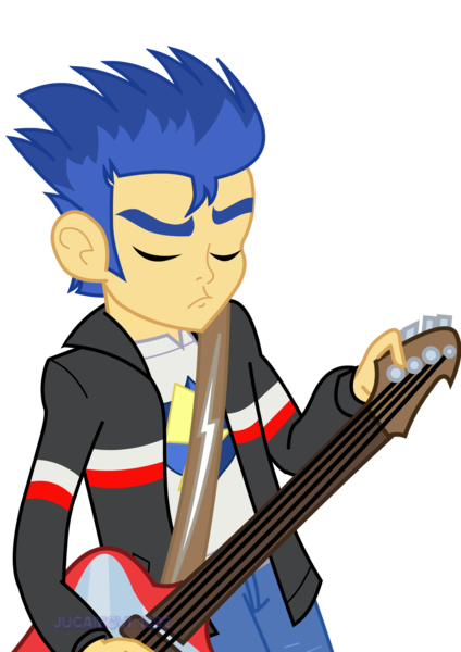 Size: 1600x2263 | Tagged: safe, artist:jucamovi1992, derpibooru import, flash sentry, equestria girls, rainbow rocks, clothes, electric guitar, eyes closed, guitar, jacket, pants, shirt, simple background, solo, transparent background, vector