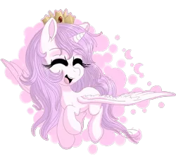 Size: 3000x2700 | Tagged: safe, artist:mimkage, derpibooru import, princess celestia, alicorn, pony, crown, cute, cutelestia, eyes closed, female, filly, jewelry, open mouth, regalia, simple background, smiling, solo, spread wings, transparent background, wings, younger